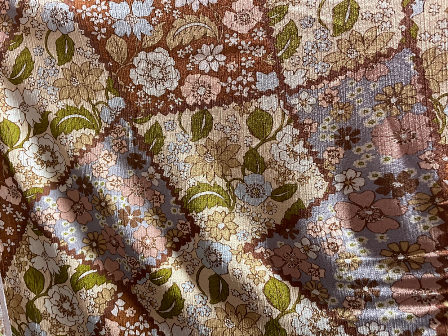 Brown Blue Pink Olive Patchwork Floral Print Soft Rayon Crepe "Messy Dolly"