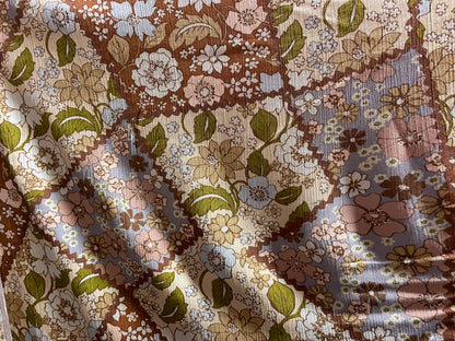 Brown Blue Pink Olive Patchwork Floral Print Soft Rayon Crepe "Messy Dolly"