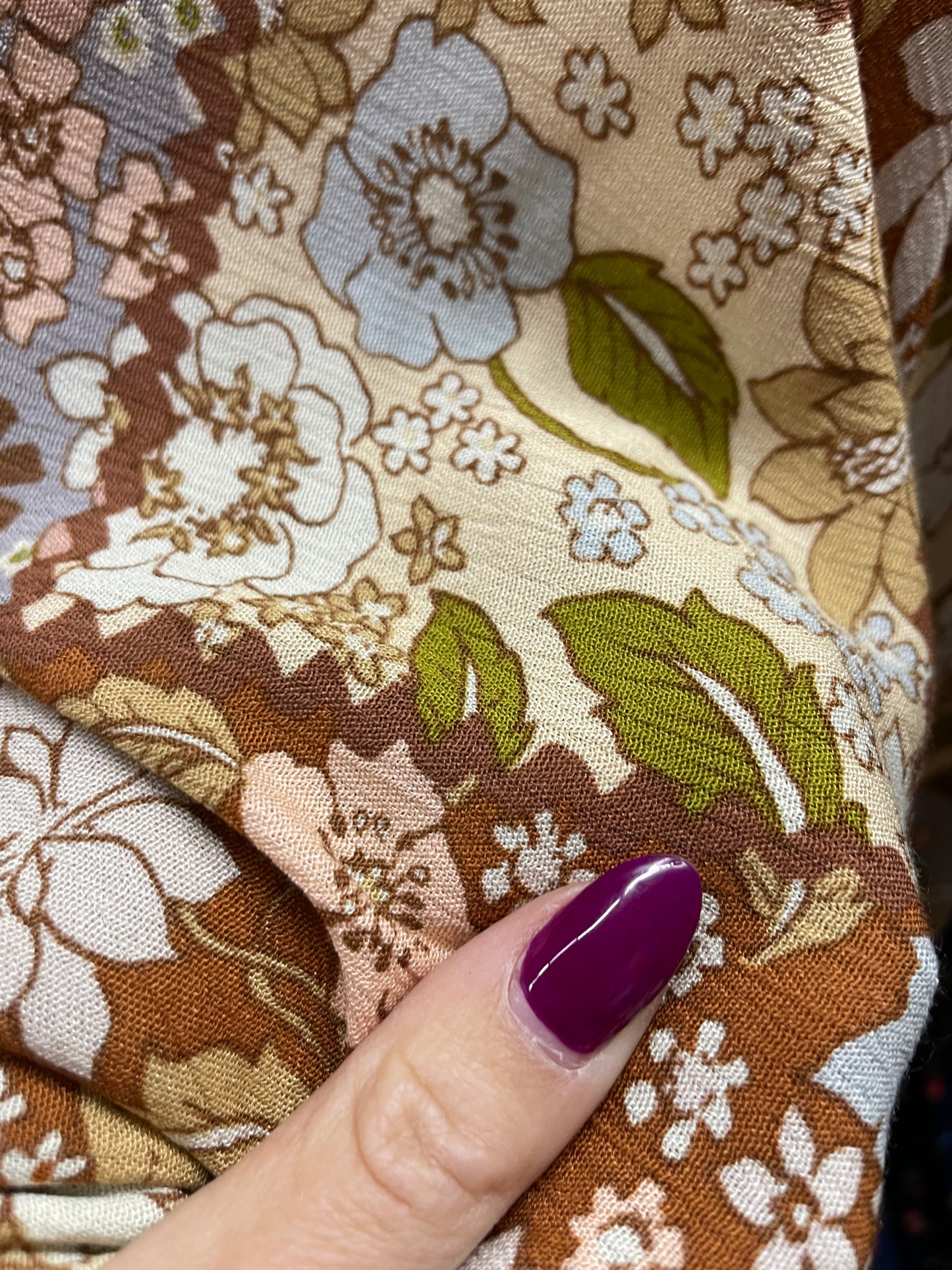 Brown Blue Pink Olive Patchwork Floral Print Soft Rayon Crepe "Messy Dolly"