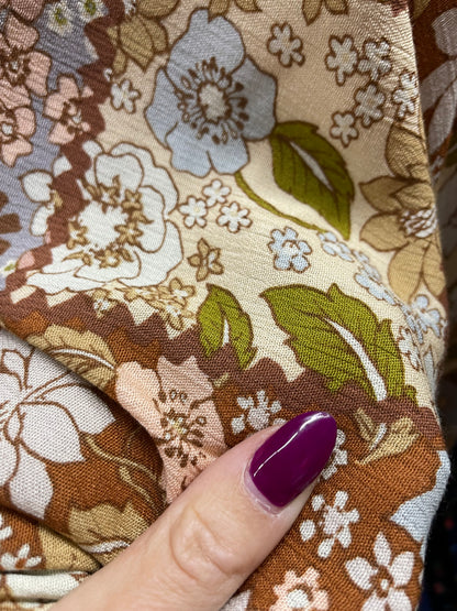Brown Blue Pink Olive Patchwork Floral Print Soft Rayon Crepe "Messy Dolly"