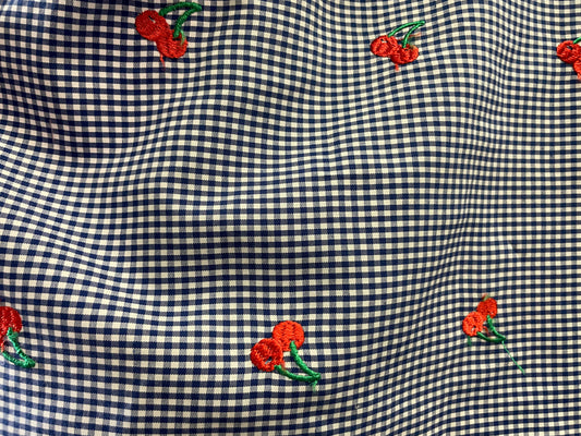 Navy White Gingham Embroidered Cherry Cotton Polyester " Picnic with You"