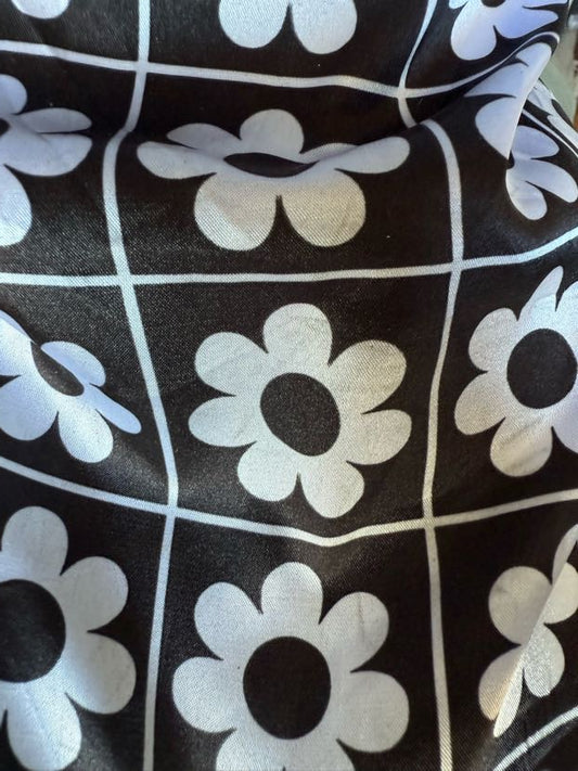 Black White Pop Floral Grid Print Polyester Charmeuse "Tic Tac Toe Daisy"