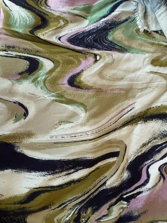 Pink Navy Cream Tan Golden Sage Green Marbled Rayon Challis "Lost in the Oasis"