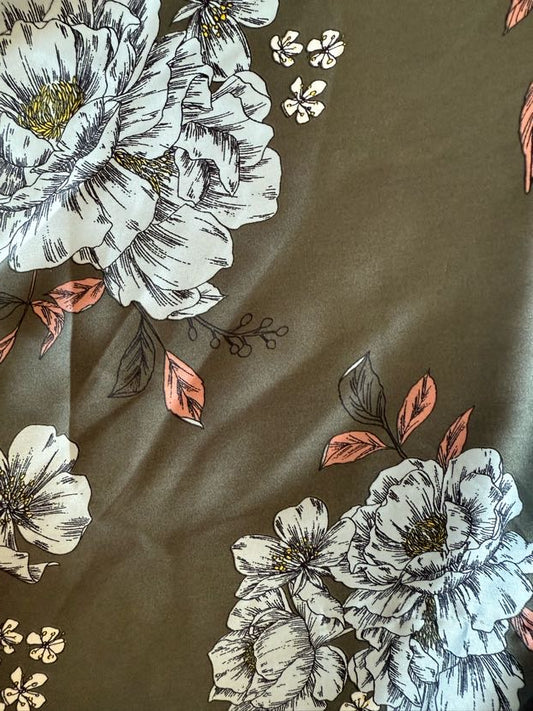 Green White Black Coral Yellow Illustrative Line Art Large Floral Polyester  "Paper Petals "