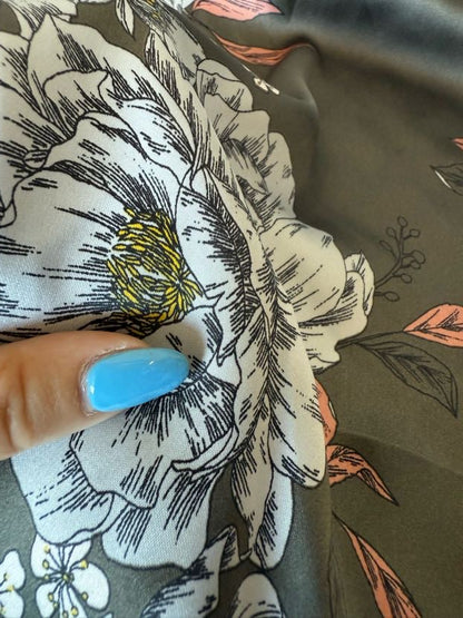 Green White Black Coral Yellow Illustrative Line Art Large Floral Polyester  "Paper Petals "