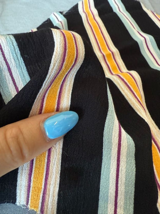 Black Blue Yellow Purple Pink White Vertical Stripe Rayon Crepe "Carnival Date"