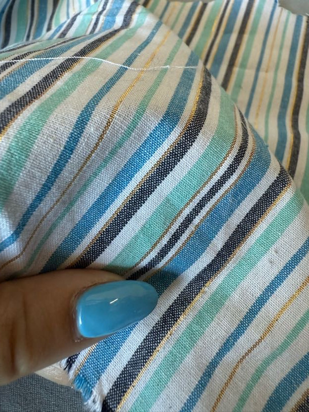Blue Navy Gold White Stripe Cotton Spandex Gold Lurex Poplin "Seafoam Daze"
