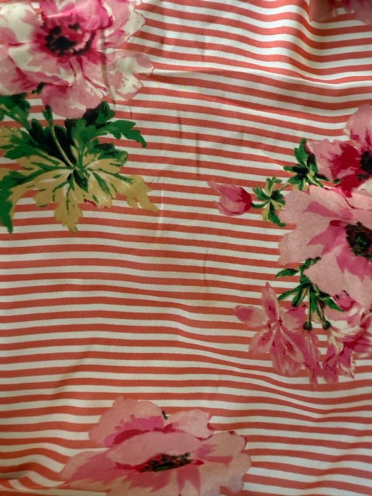 Pink Salmon White Black Green Large Floral Thin Stripe Polyester Chiffon "Gathered Together"