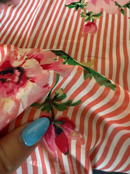 Pink Salmon White Black Green Large Floral Thin Stripe Polyester Chiffon "Gathered Together"