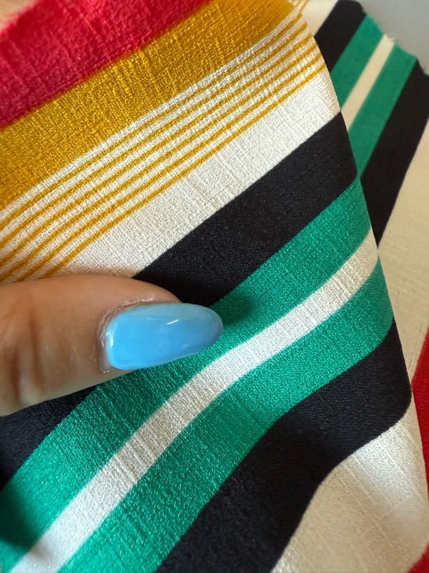 Red Yellow Navy Green White Bold Stripe Polyester Crepe "Mocktail Mixer"