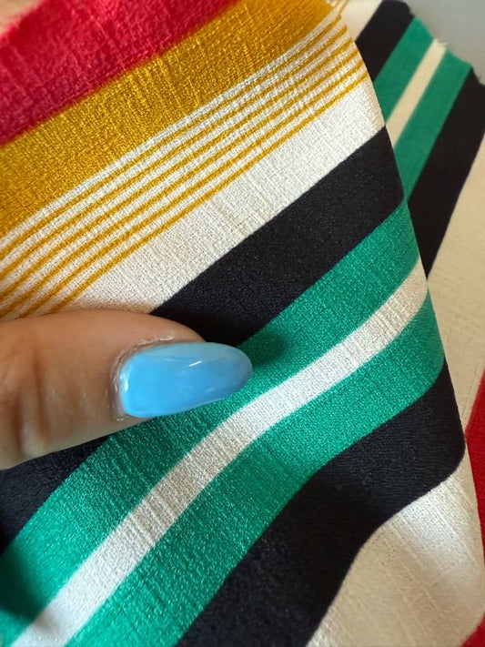 Red Yellow Navy Green White Bold Stripe Polyester Crepe "Mocktail Mixer"