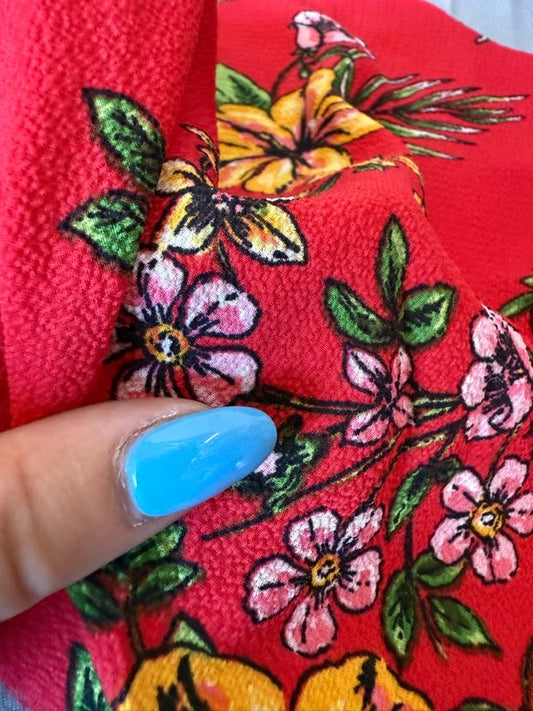 Orange Yellow Green Red Pink Black Large Floral Polyester Crepe "Island Fantasy "
