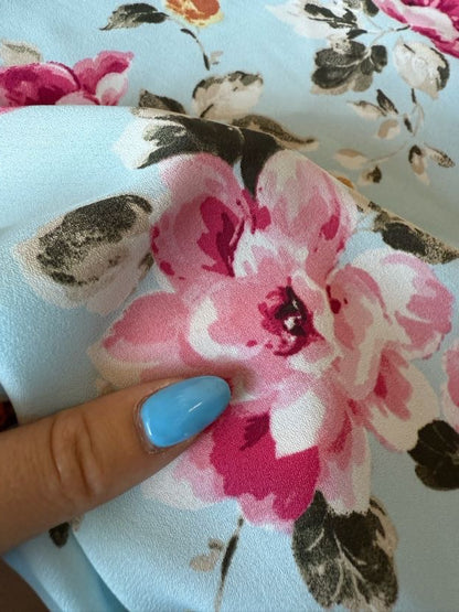 Blue Yellow Pink Green White Watercolor Floral Sheer Polyester Georgette "Tea and Crumpets"