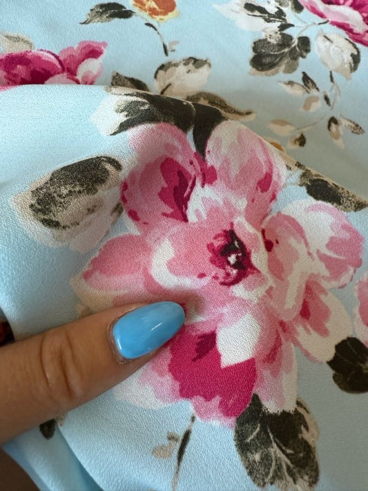 Blue Yellow Pink Green White Watercolor Floral Sheer Polyester Georgette "Tea and Crumpets"