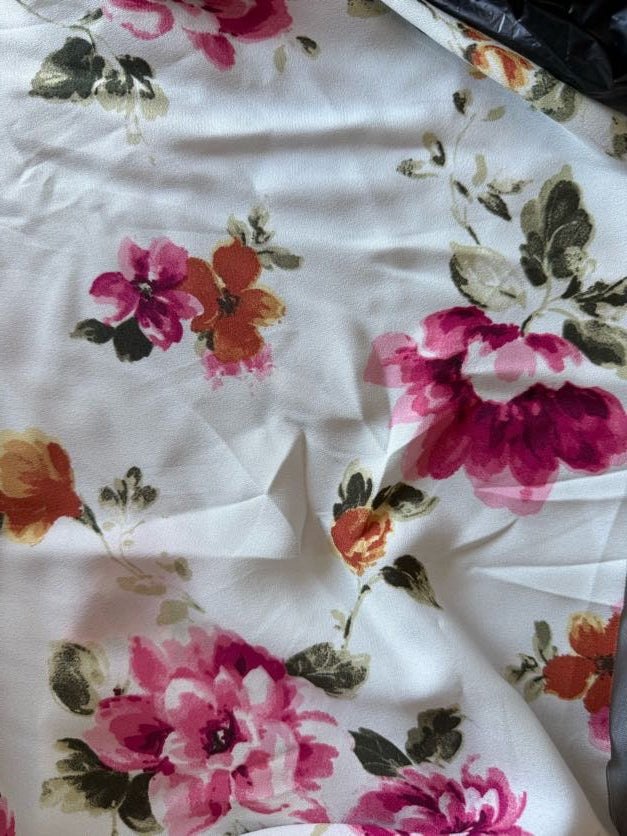 White Pink Orange Green Watercolor Floral Polyester Crepe "Petit Four Blossoms"