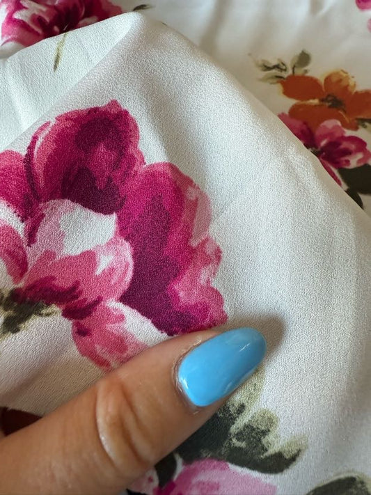 White Pink Orange Green Watercolor Floral Polyester Crepe "Petit Four Blossoms"