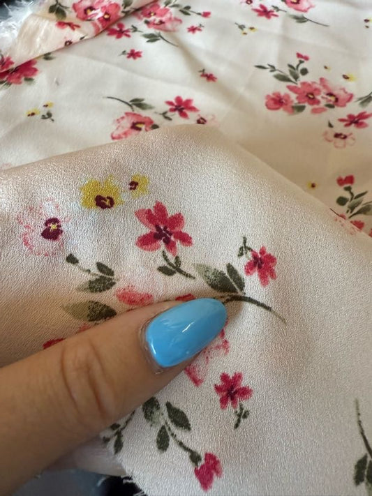 Pink Green Yellow White Watercolor Floral Print Polyester Crepe "Peony Impressions"