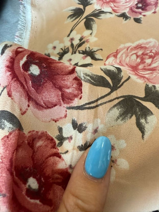 Yellow Pink White Green Floral Sheer Polyester Crepe "Camellia Season"