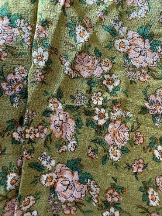 Olive Green Pink White Gold Black Floral Print Rayon Crepe "Tea Garden"