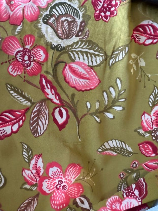 Olive Green Pink Red White Floral Polyester Woven " Byzantine Manuscript"