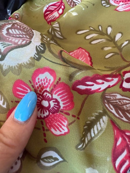 Olive Green Pink Red White Floral Polyester Woven " Byzantine Manuscript"