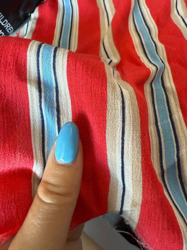 Coral Red Blue Tan Stripe Rayon Crepe Woven "Soda Shop "