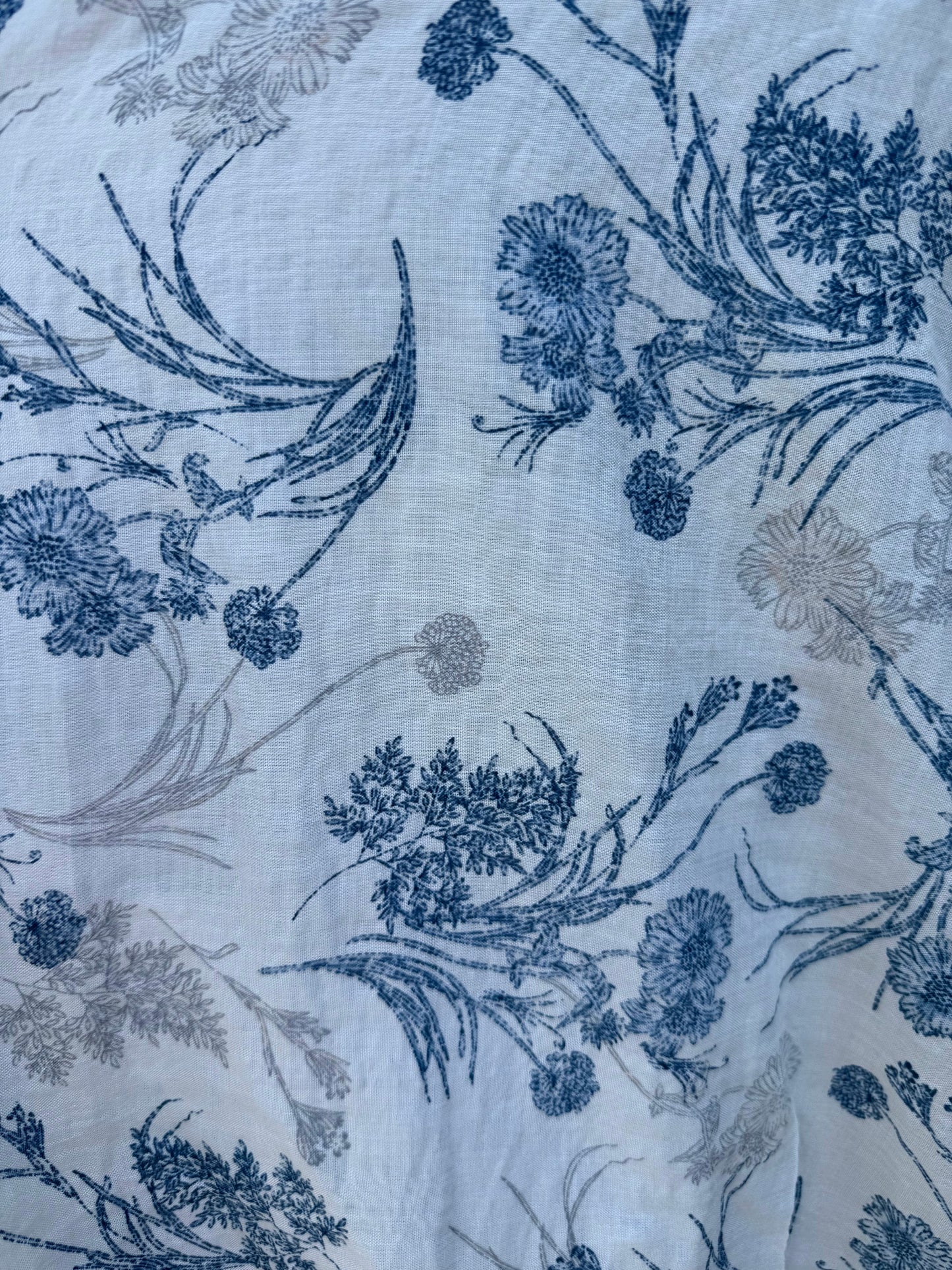 Blue White Gray Floral Rayon Challis Woven "Strawflower Bouquet "