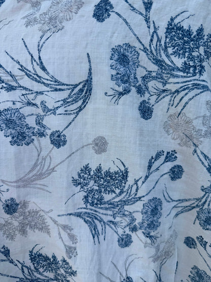 Blue White Gray Floral Rayon Challis Woven "Strawflower Bouquet "
