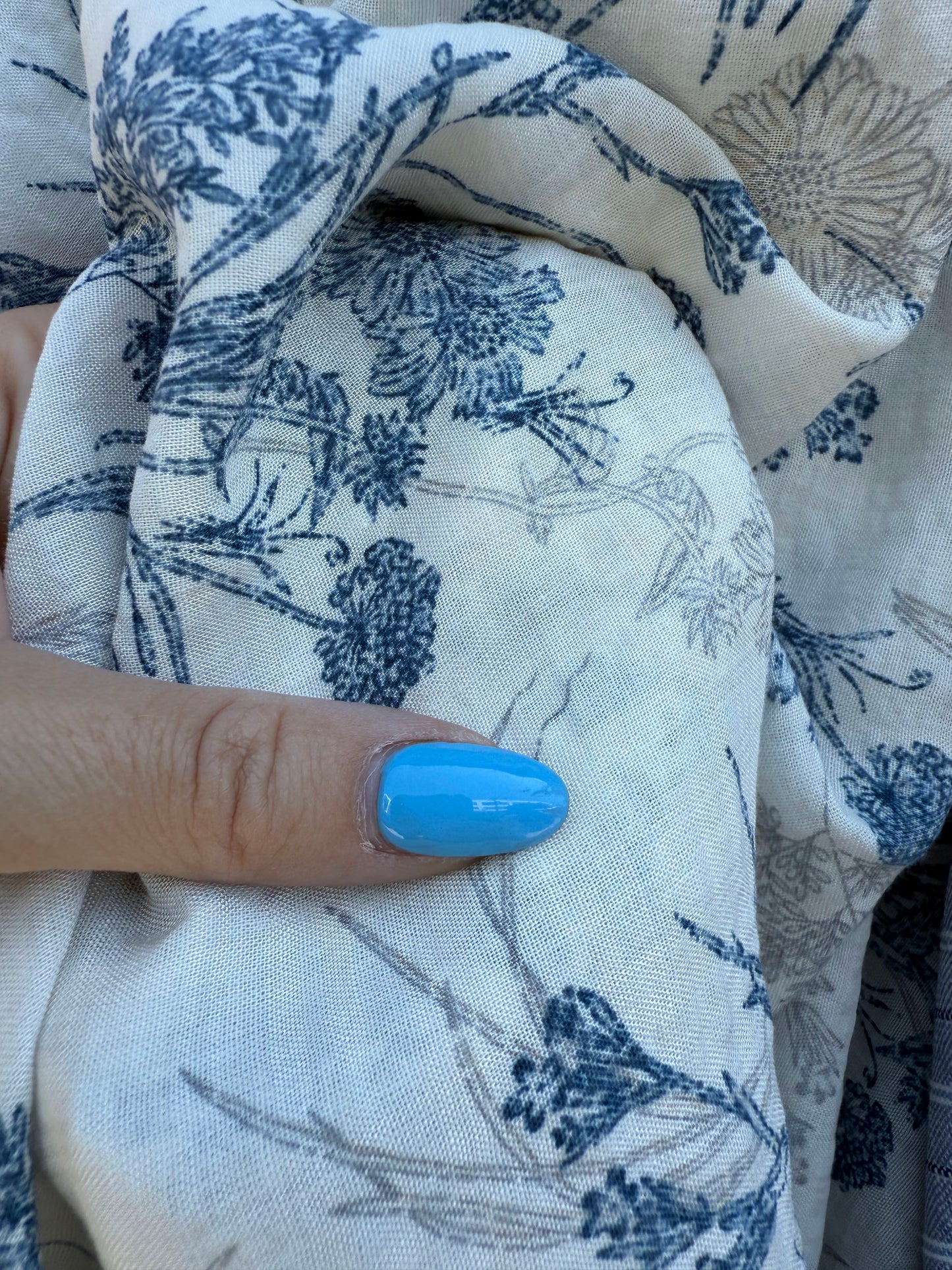 Blue White Gray Floral Rayon Challis Woven "Strawflower Bouquet "