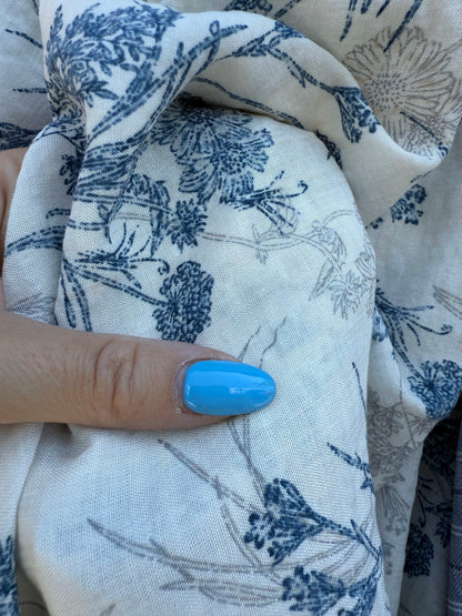Blue White Gray Floral Rayon Challis Woven "Strawflower Bouquet "