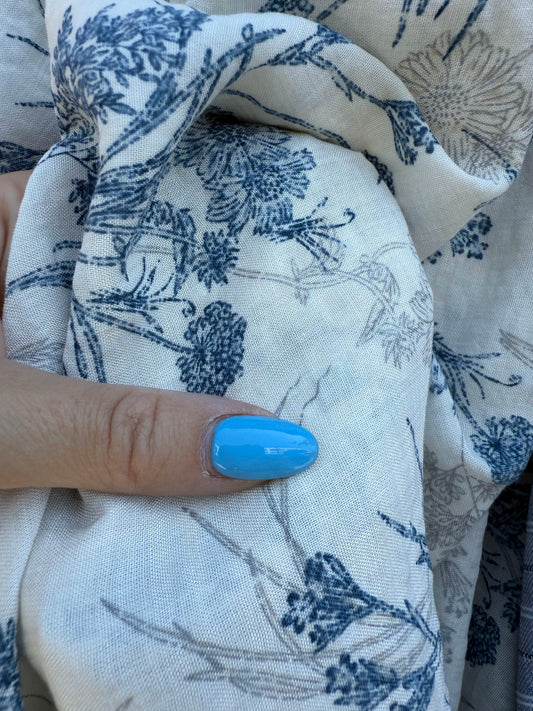 Blue White Gray Floral Rayon Challis Woven "Strawflower Bouquet "