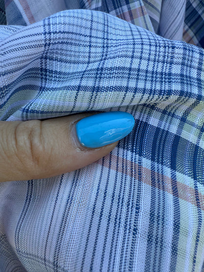Blue Orange Yellow White Plaid Flowy Cotton Voile Woven "Morning Blue Sky"
