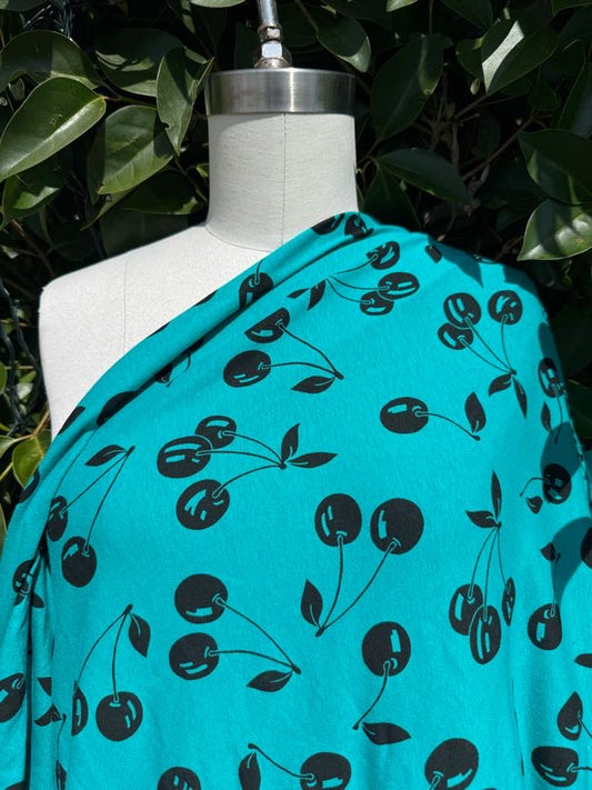 Green Black Cherry Cotton Spandex  Jersey “Market Cherries"