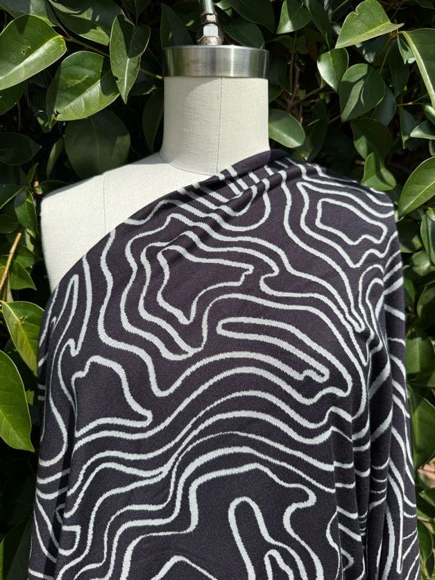 Black White Ripple Pattern Rayon Polyester Spandex Ponte Knit "Drop in the Ink"