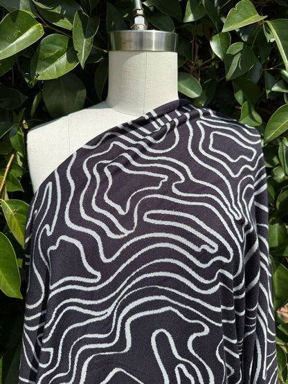 Black White Ripple Pattern Rayon Polyester Spandex Ponte Knit "Drop in the Ink"