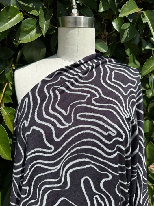 Black White Ripple Pattern Rayon Polyester Spandex Ponte Knit "Drop in the Ink"
