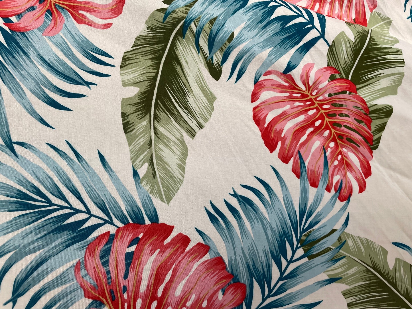 Ivory Pink Teal Green Palm Tropical Print Soft Rayon Challis "Lovers Palm"