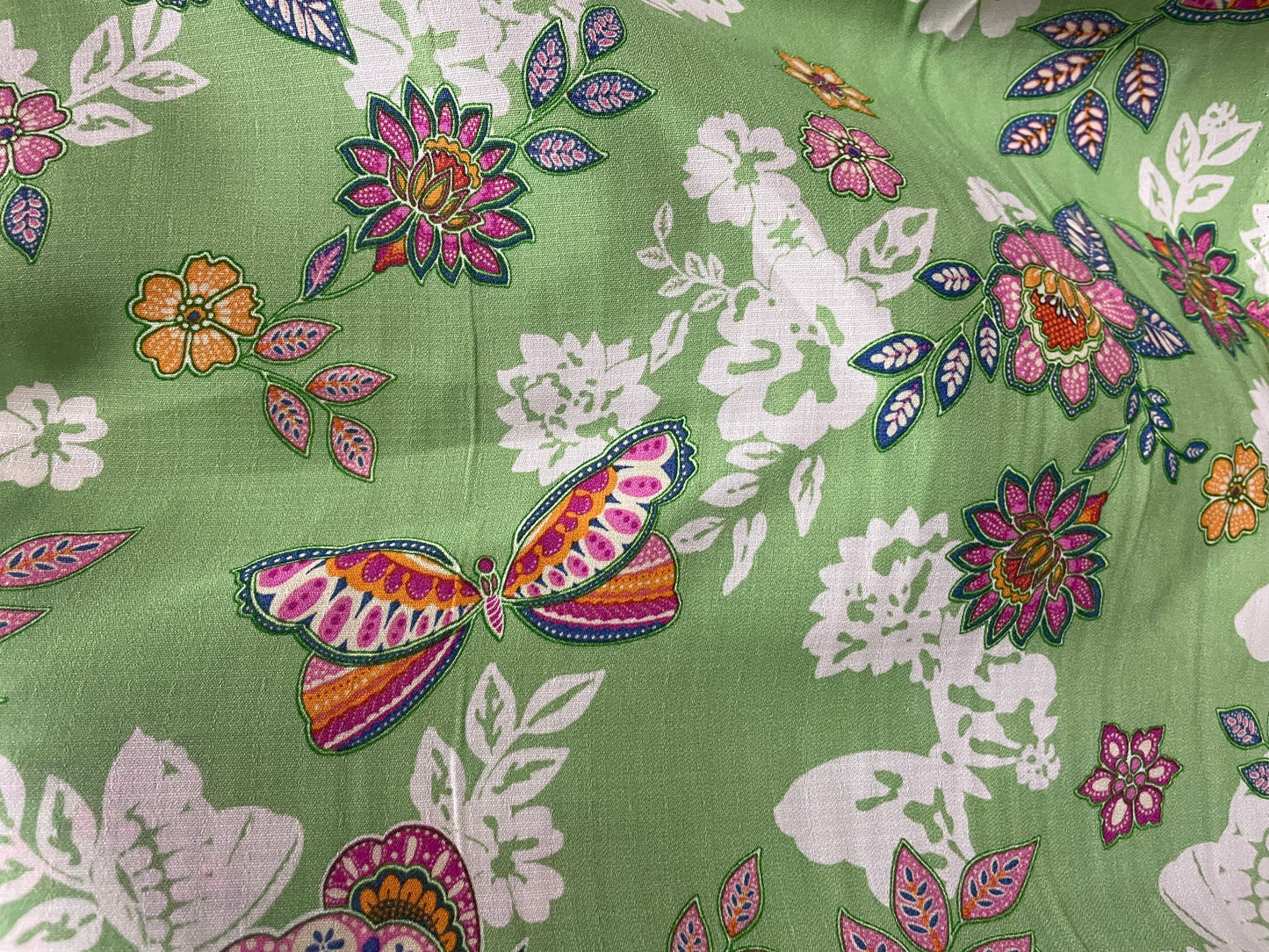 Lime Blue Pink Butterfly Floral Print Polyester Crepe "Summer Wings"