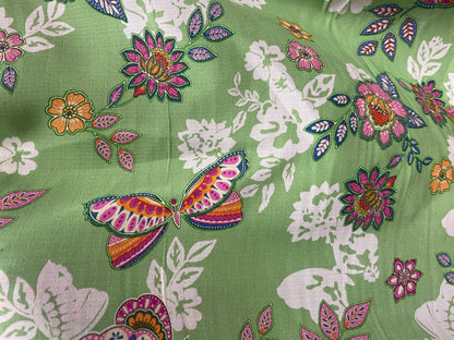 Lime Green Blue Pink Butterfly Floral Print Polyester Crepe "Summer Wings"