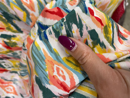 Southwest Watercolor Multi Color Ikat  Cotton Spandex Poplin "Santa Fe Sunset"