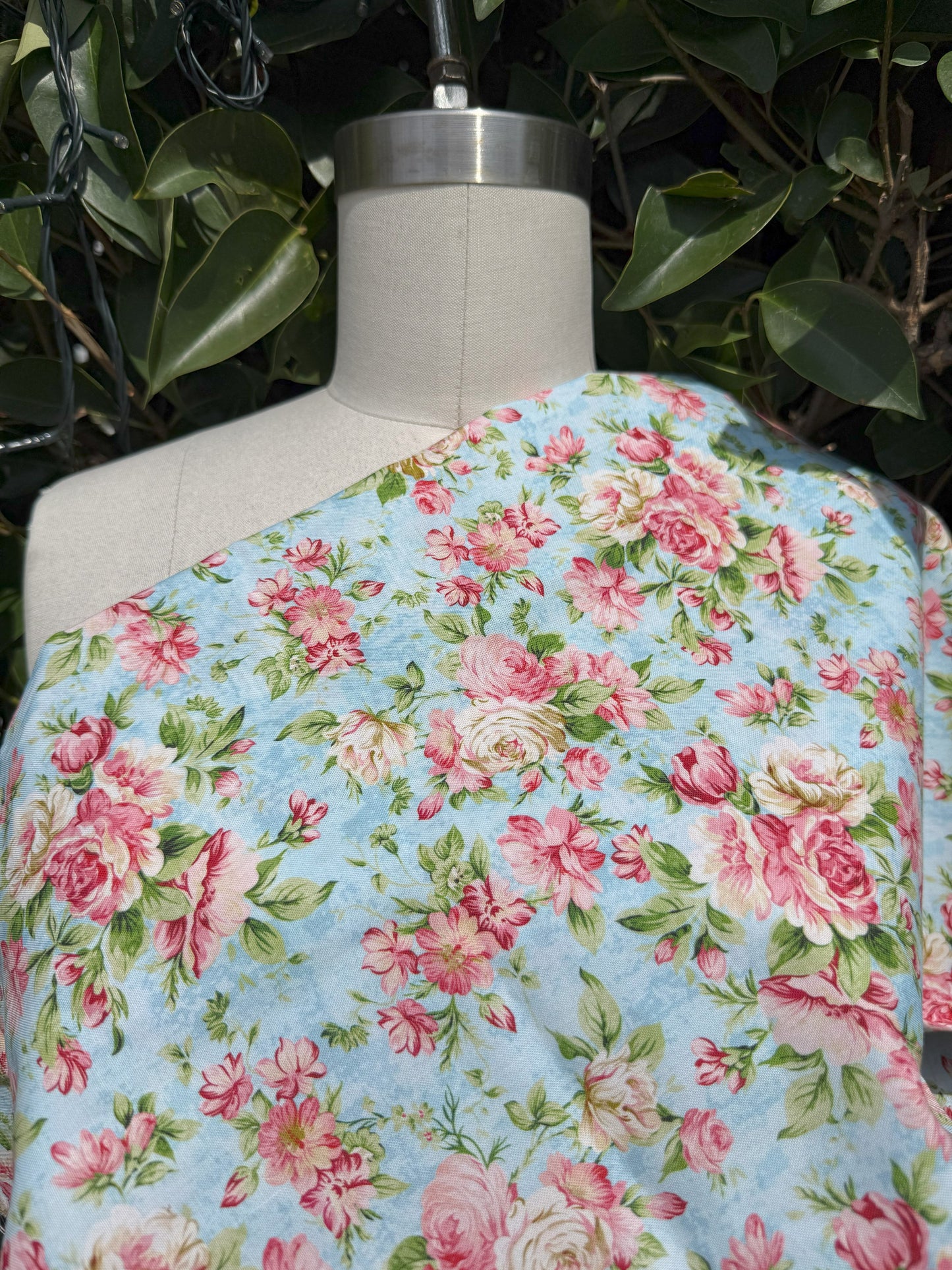 Pink Green Blue Cream Floral Quilt Cotton Poplin Woven "Cottage Blooms"