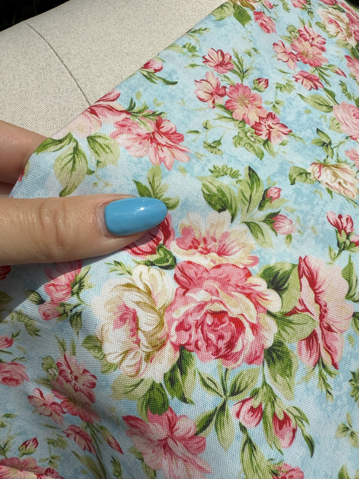 Pink Green Blue Cream Floral Quilt Cotton Poplin Woven "Cottage Blooms"