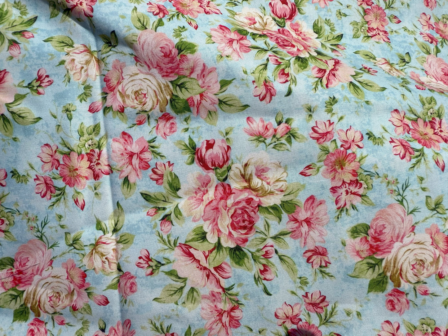 Pink Green Blue Cream Floral Quilt Cotton Poplin Woven "Cottage Blooms"