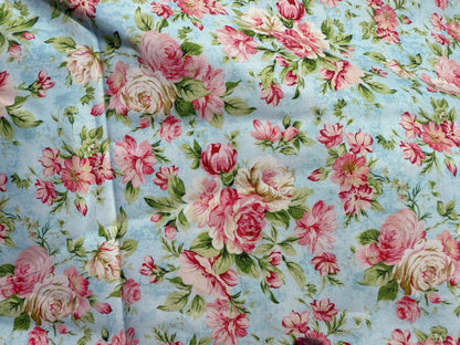 Pink Green Blue Cream Floral Quilt Cotton Poplin Woven "Cottage Blooms"