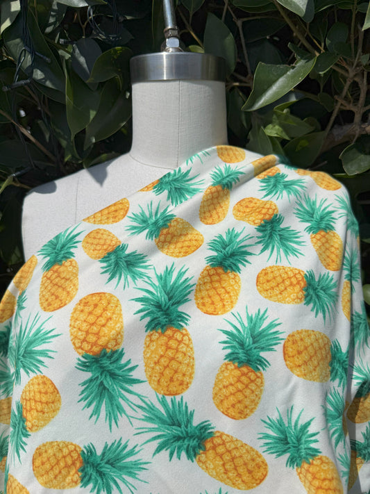 White Yellow Pineapple Large Print Polyester Spandex DTY Jersey "Pretty Pina”