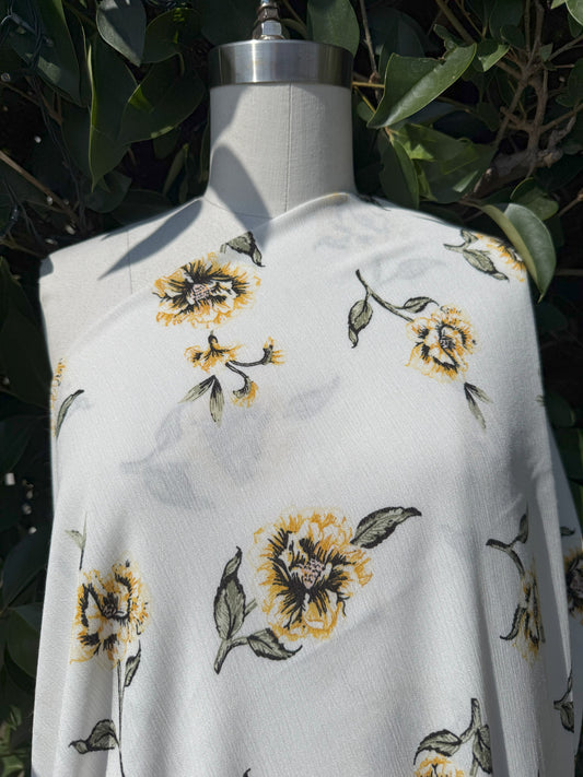 White Yellow Black Green Floral Rayon Crepe Woven "Sunshine Meadow"