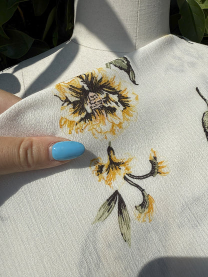 White Yellow Black Green Floral Rayon Crepe Woven "Sunshine Meadow"