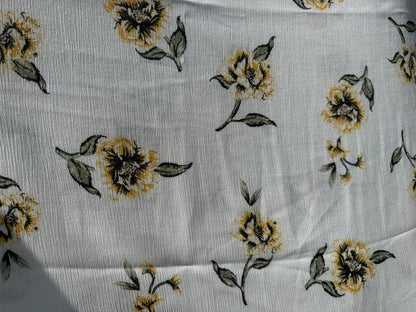 White Yellow Black Green Floral Rayon Crepe Woven "Sunshine Meadow"
