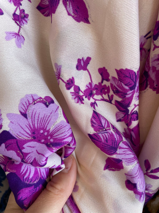 Purple White Large Floral w/ Silver detail Vintage Polyester "Liz Loves Mumus"