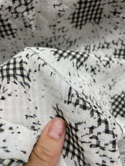 White Black Abstract Floral 90s Gingham Rayon Crepe "Running Away"